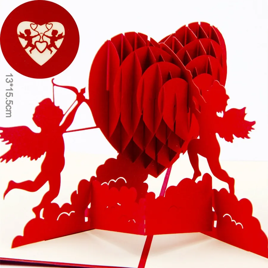 Vykort laser cut cupid kärlek hjärta 3d hälsningskort pop up card bröllop present valentines dag diy papper hantverk