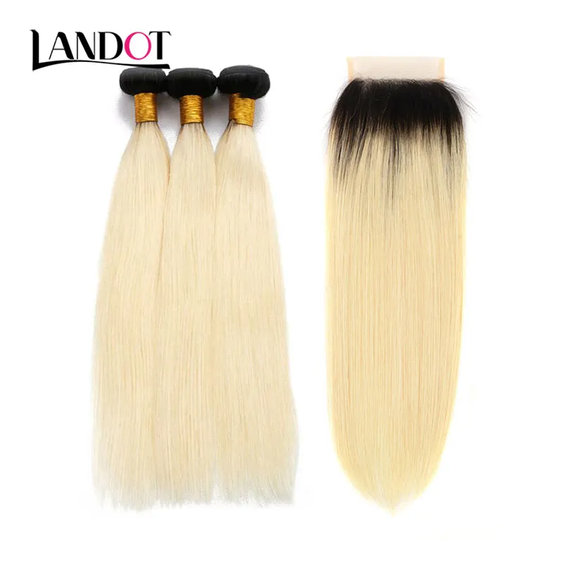 9A Ombre 1B/613 Bleach Blonde Brazilian Peruvian Malaysian Indian Virgin Human Hair Weave Straight 4 Bundles With Lace Closure Can Dye Color