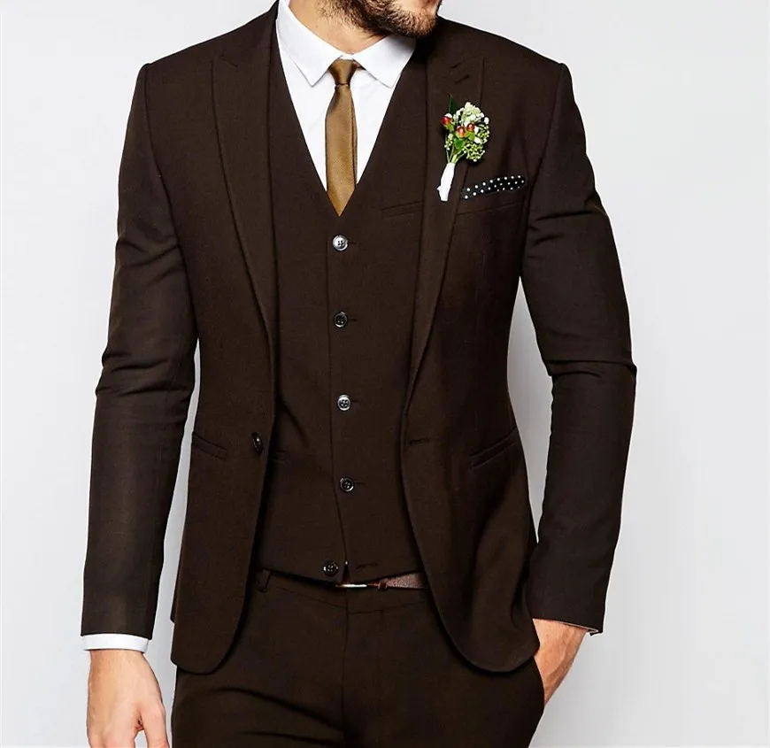 Dark Brown 3 Piece Suit Peak Lapel Center Vent Groom Tuxedos Bridegroom Wedding Tuxedos Men Business Dinner Blazer(Jacket+Pants+Tie+Vest)447