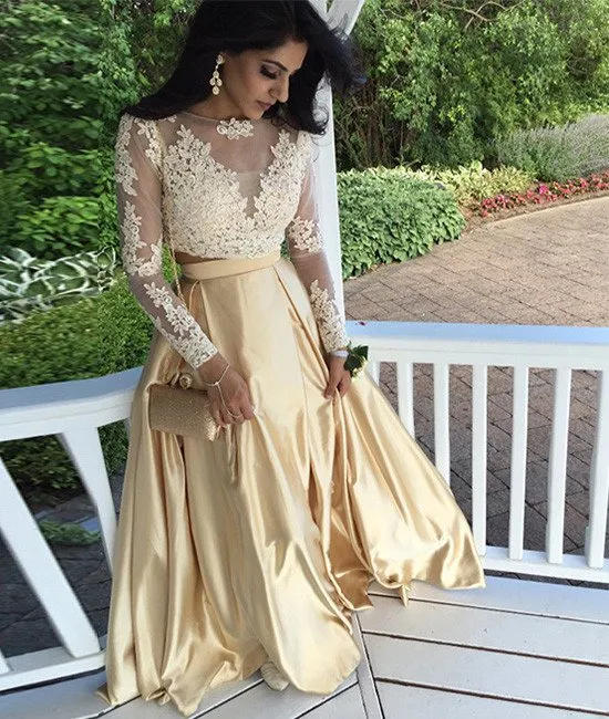 Gold Applique Formalne sukienki z długim rękawem Dwa kawałek Klejnot Długie Suknie Wieczorowe Specjalne okazje Dress Women Custom Made wysokiej jakości