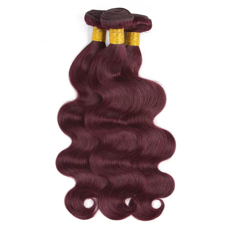 99J Bourgogne Virgin Hair Bundles handlar om stängning av kroppsvåg vin röda brasilianska mänskliga hårvävförlängningar med 4x4 spets closu2060017
