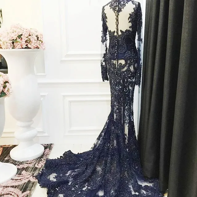 Stunning See Through Prom Dresses High Neck Pearls Beads Lace Appliques Long Sleeve Evening Dress Custom Made Sexy Luxury Mermaid Prom Dress