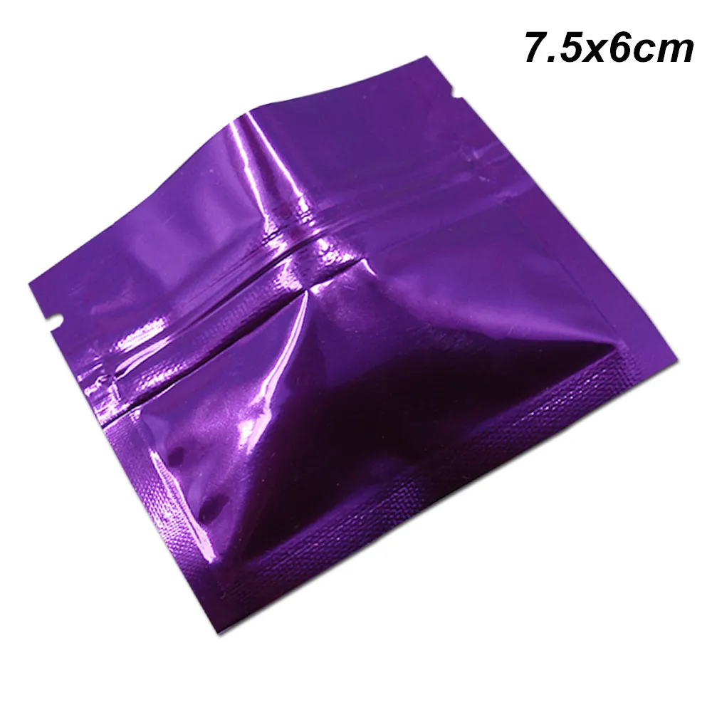 100 pièces violet 7.5x6 cm feuille Mylar sacs de stockage de nourriture réutilisables café thé poudre pochette papier d'aluminium refermable déchirure encoche nourriture sèche Mylar pochette