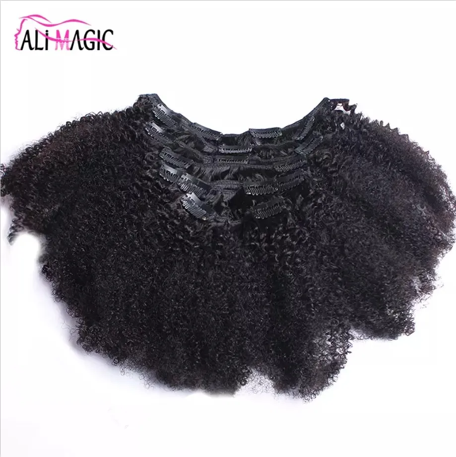 Clip-in-Haarverlängerung, grobes Yaki-Haar, verworrene lockige Clip-in-Haarverlängerungen, 100 % brasilianisches Echthaar, 7 Stück und 120 g/Set