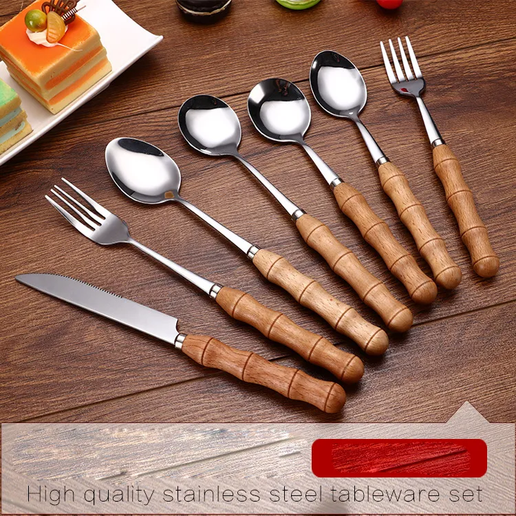 Rękojenia drewna Sztućce ze stali nierdzewnej Food Silverware Obiad Naczynie Srebrny Kolor Łyżka Widelec Nóż Knife Spoon