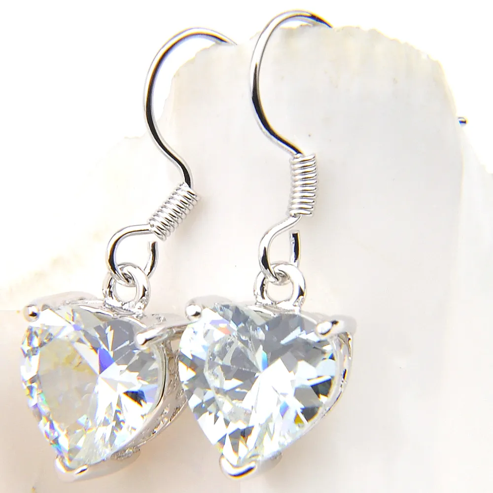 Luckyshine Nuevo 10 Pares Blanco Corazón Topacio Piedra Preciosa Plata Mujeres Cuelga Pendientes Moda Zircon Pendientes de Boda Joyería Envíos Gratis