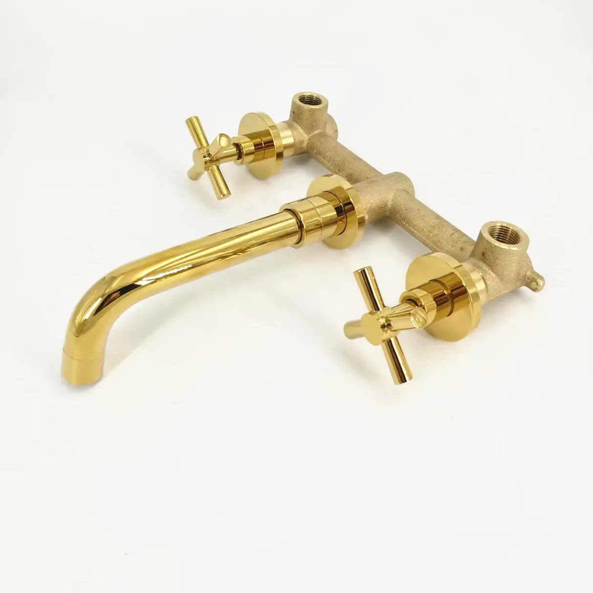 Golden Basin Faucet Solid Brass Construction Dual Handles Wall Mounting Bathroom Sink Faucet Mixer Set