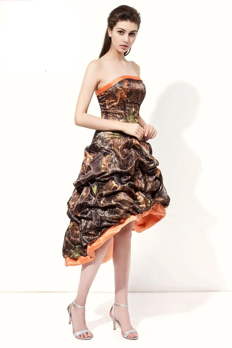 In Stock 2018 Sexy Camo Strapless A-Line Prom Dresses With Pleats Satin Hi-Lo Evening Formal Party Gown BP16