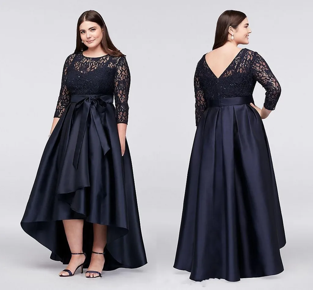 Elegant Dark Navy Lace Plus Size Mother Of The Bride Dresses 3/4 Long Sleeves High Low Evening Gowns Cheap Party Dresses HY4082