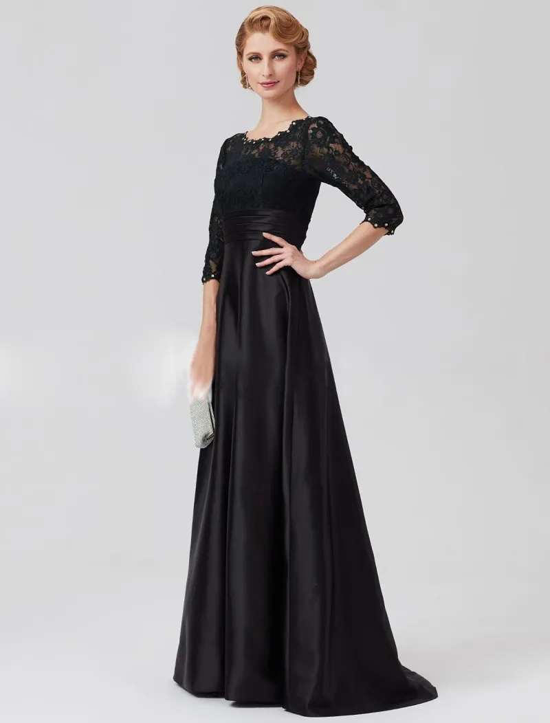 Vestidos negros para madre de la novia, manga larga 3/4, apliques de encaje satinado, cuello joya con cuentas, vestidos para madre del novio de talla grande