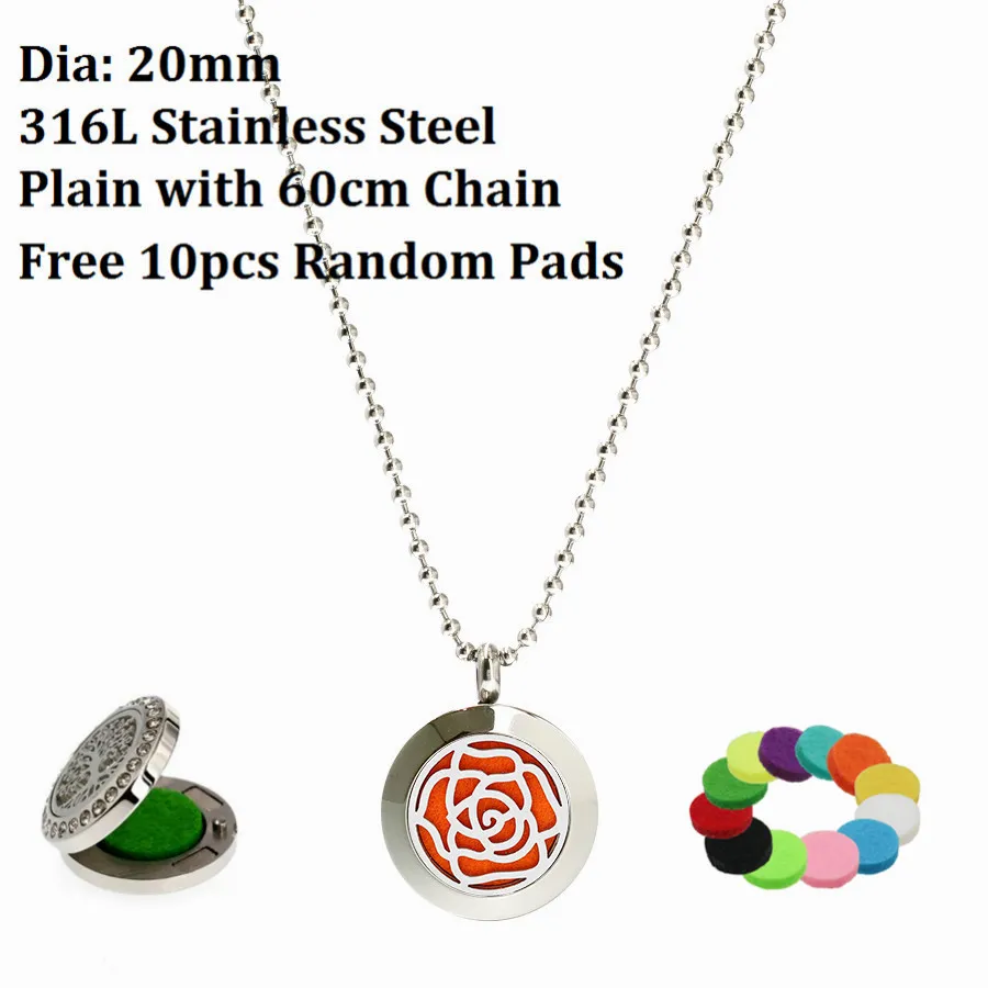 Collier de diffuseur de parfum d'huile essentielle d'acier inoxydable d'aimant uni de 20mm de fleurs de lotus avec la chaîne de longueur de 60cm 10p tampons gratuits