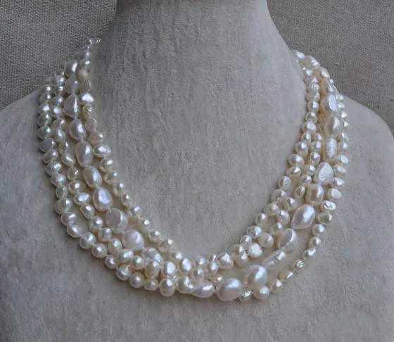 Perfect Pearl Jewellery, 4Rows White Color Barok Naturalny Naszyjnik Pearl słodkowodnych 6-12mm 18 cali Naszyjnik