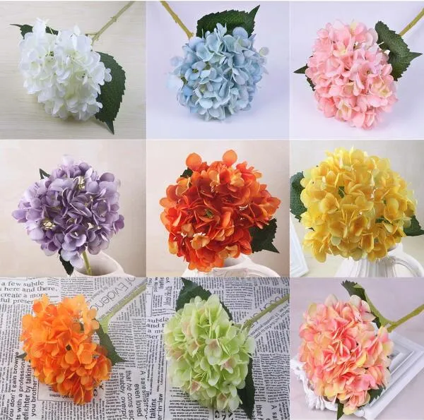 Künstlicher Hortensien-Blütenkopf, gefälschte Seide, einzelne, echte Hortensien, 14 Farben, Hochzeits-Mittelstücke, Zuhause, Party, dekorative Blumen