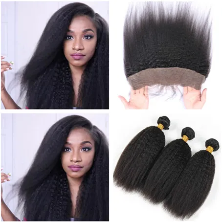 Kinky Straight Virgin Brazilian Human Hair Weaves with Ful Frontals Italian Coarse Yaki 13x4 Lace Frontal Closure with 3 Bundles Deals