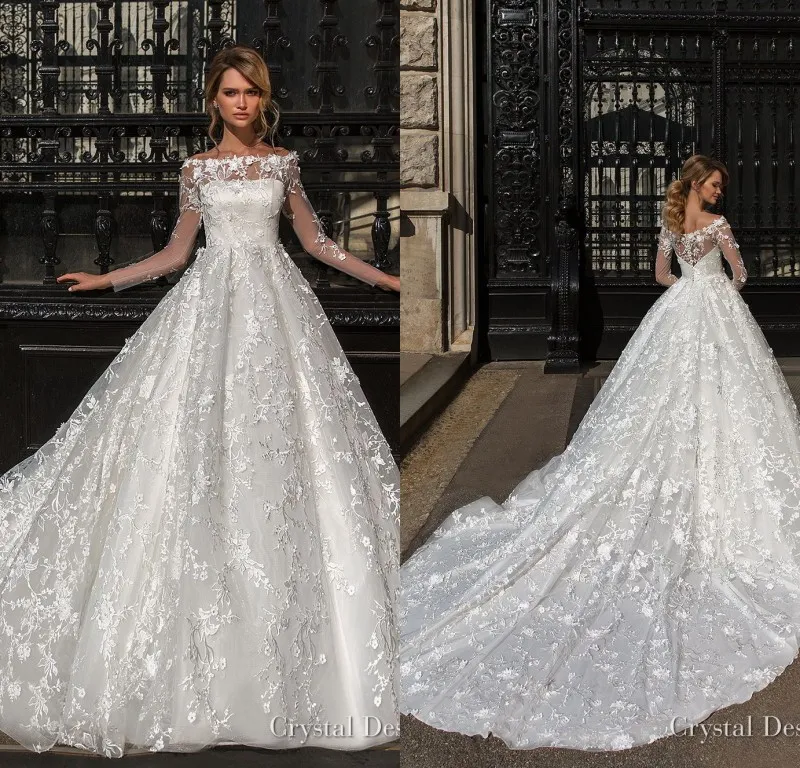 2018 wunderschöne Designer Brautkleider mit schiere langen Ärmeln mit Rundhalsausschnitt voller Spitze applizierte Brautkleider Sweep Zug nach Maß