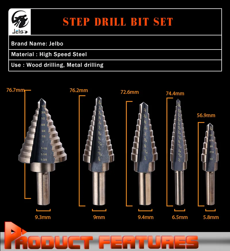 Freeshipping 5PC Step Drill Bit Set Hss Cobalt Multiple Hole 50 Sizes Step Drills 1/4-1-3/8 3/16-7/8 1/4-3/4 1/8-1/2 3/16-1/2 Aluminum