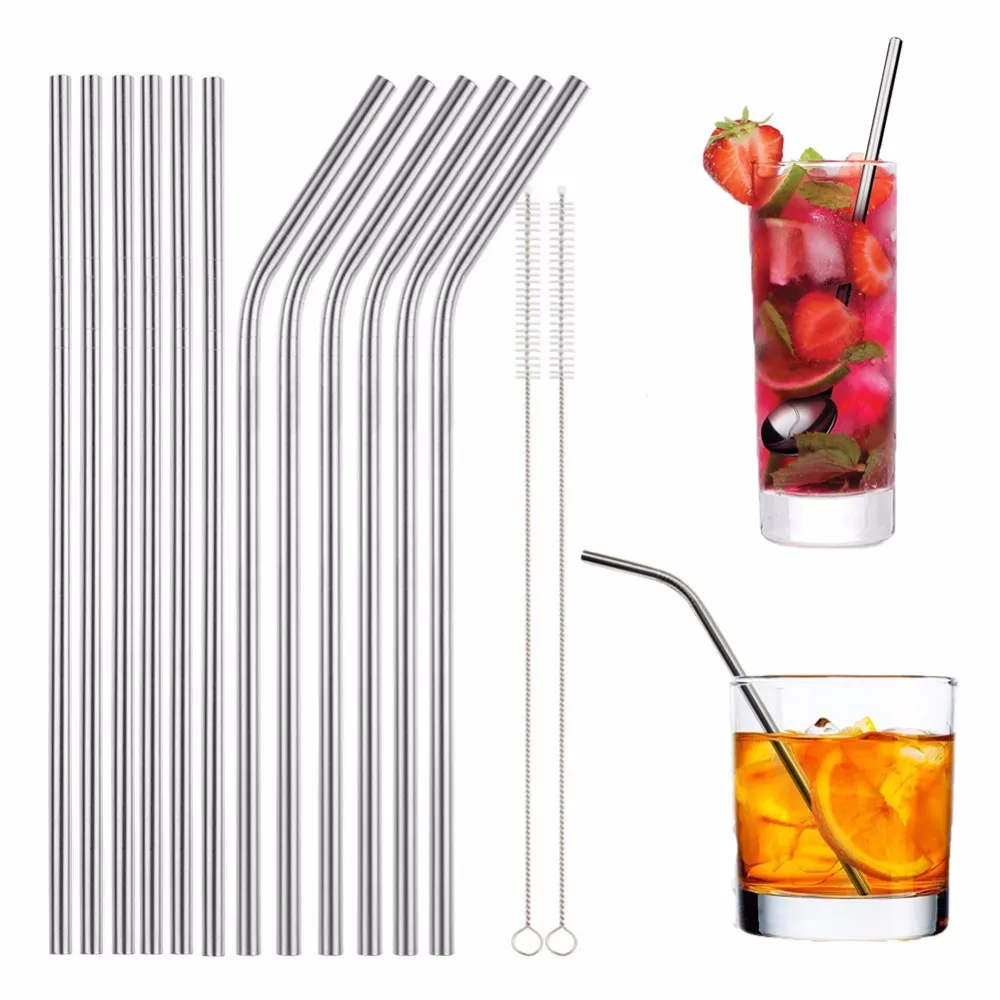 More size wholesale Stainless Steel Straw and Cleaning Brush reusable drinking straw straight and bend drinking tool