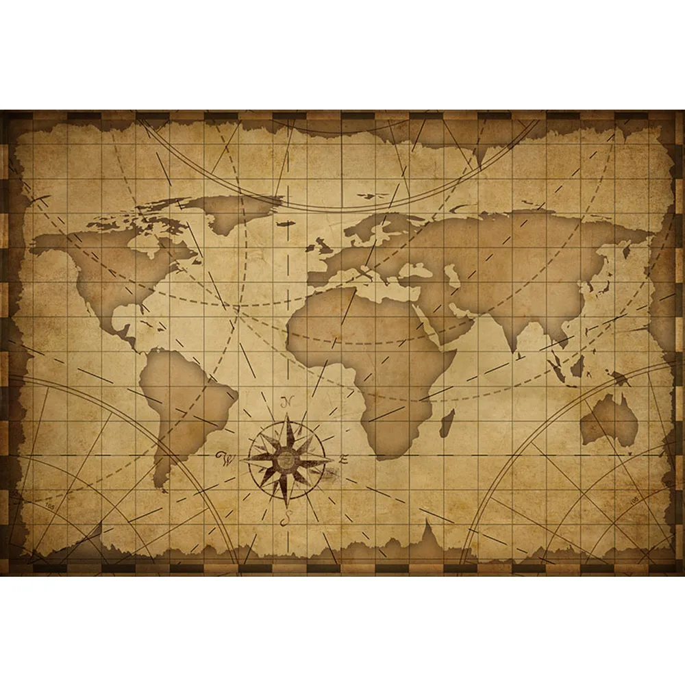 Rétro Style ancien marron couleur carte du monde toile de fond imprimé Continents boussole nouveau-né bébé douche accessoires enfants Pirate fête fond