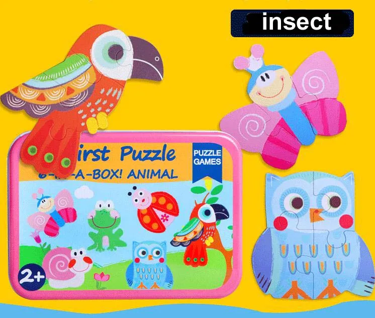 Nieuw babyspeelgoed 6 in 1 puzzels Set Iron Box Totaal 6 puzzels houten speelgoed cartoon dier/ voertuig kind educatieve cadeau