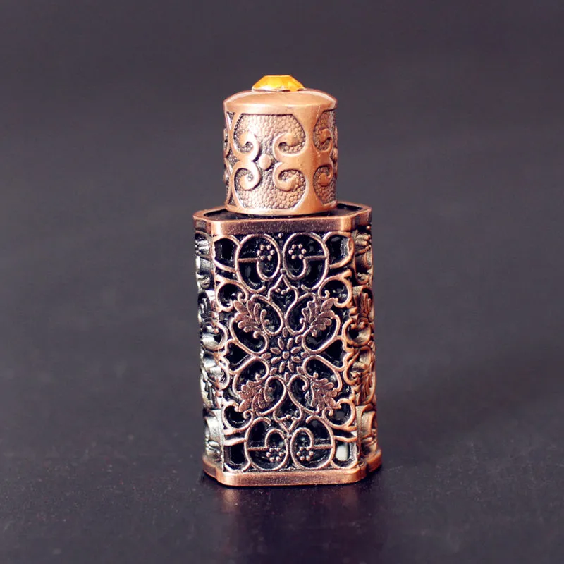 3ML antiqued metalen parfumfles arabische stijl legering uitgehold essentiële oliën fles Midden-Oosten glas druppelaar fles