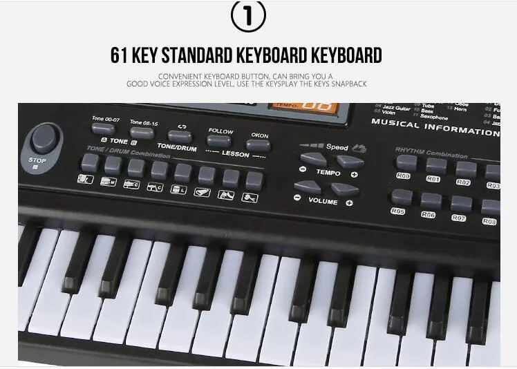 / multifunktion 61 Nycklar Tidig utbildning Musik Elektronik Tangentbord med Mikephone Kid Piano Organ Spela upp uppspelning med Retail Pack