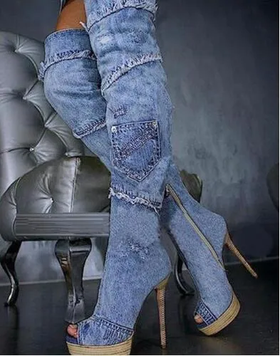 Blue Lace Flower Knee High Platform Wedge Denim Boots With Open Toe And Cutout Detail For Women Perfect For Summer From Factory Hemegot Bulk 122.62 DHgate.Com
