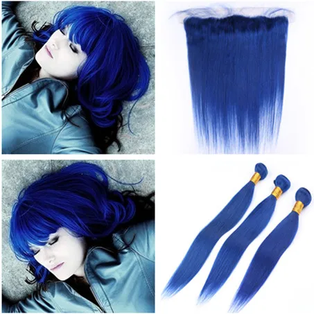 Fasci di capelli umani peruviani vergini serici lisci blu offerte 3 pezzi con chiusura frontale in pizzo 13x4 da orecchio a orecchio fasci di tessuto blu colorato