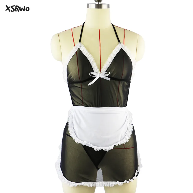 XSRWO 2017 lingerie sexy hot nero bianco SM cosplay uniformi della cameriera prospettiva grembiuli + infradito lingerie erotica arco costumi sexy