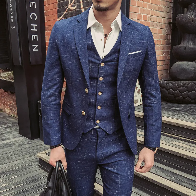 Wedding Formal Wear Suits & Blazer Men Good Quality Blue Plaid Suits Fashion Male Formal Dress Blazer Jackets+Pants+Vest