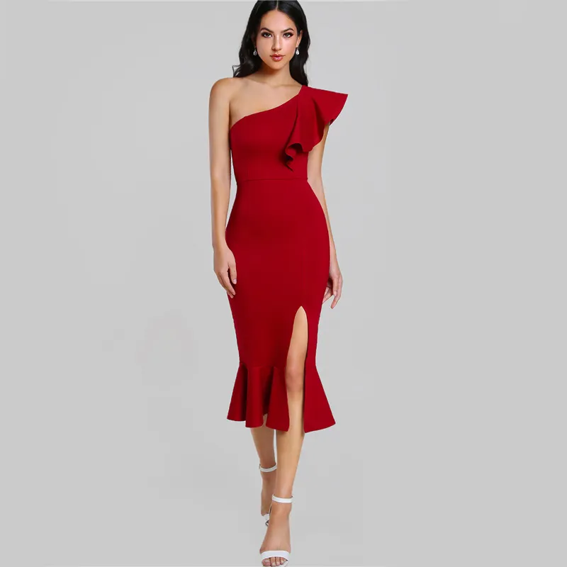 Schlitz Fischschwanz Sommer Party Kleid Burgund One Shoulder Frauen Sexy Volant Midi Kleider Elegantes Empire Club Dress1279509