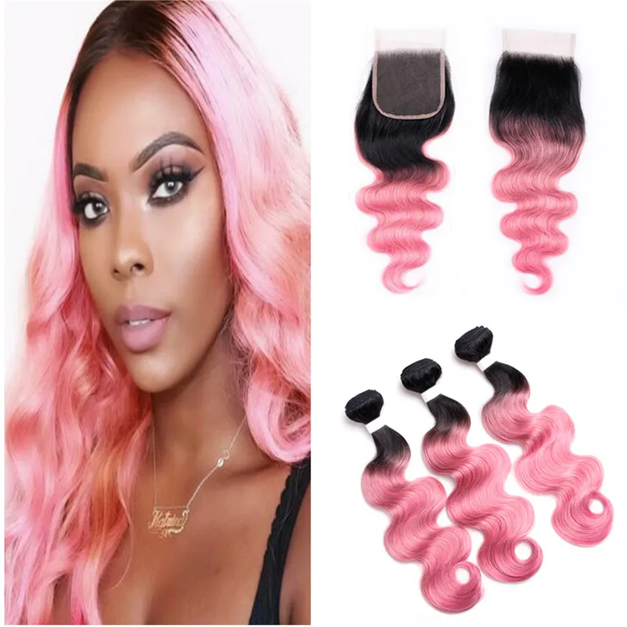 Cheveux humains brésiliens vierges roses 3 faisceaux avec fermeture à lacet noir à rose Ombre vague de corps armure de cheveux humains avec fermeture à lacet 4 * 4