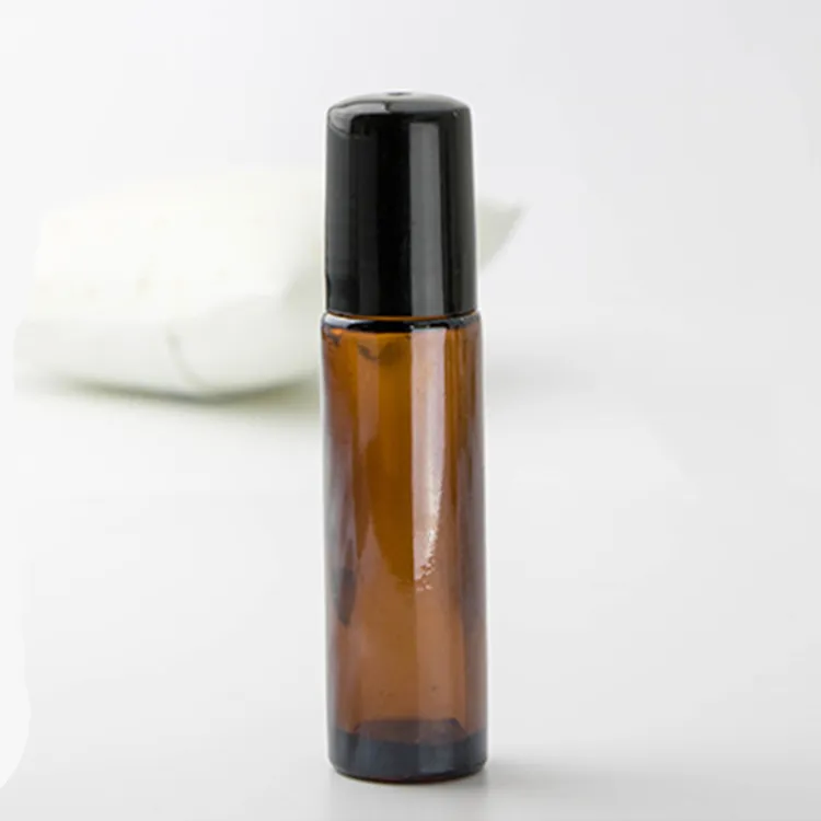 10ML 10G Amber Glass Roll On Bottle Empty Essential Oil Perfume Rollon Tube Stainlesss Steel Roller Ball Bottle Black Lid Travel Portable