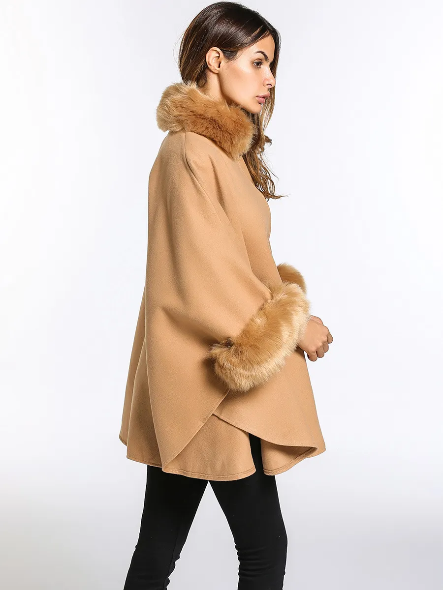 2018 Women Winter Wool Poncho and Capes with Faux Fox Fur Stand Collar Overcoat Flare Sleeve Button Cardigan S-3XL