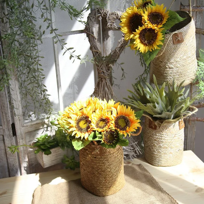 Silk Sunflower 35cm 7 Heads Artificial Bridal Blommor Bukett Panuk för Bröllop / Party / Heminredningar