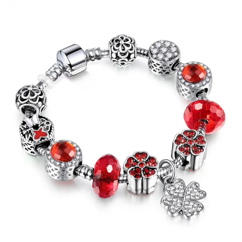 Moda jóias europeu diy charme pulseira grandes contas de cristal flor pingente sier banhado cobre pulseiras para mulher