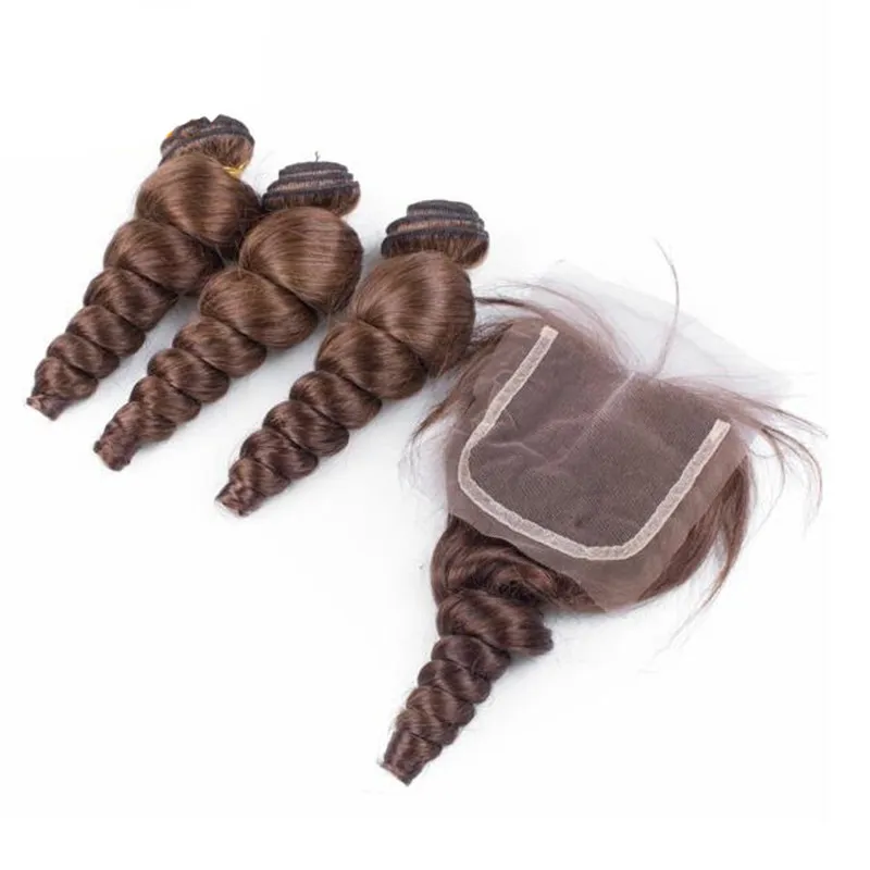 Onda solta brasileira trama de cabelo com fechamento com cabelo do bebê chocolate marrom onda solta feixes de cabelo humano com fechamento de renda lo7921928