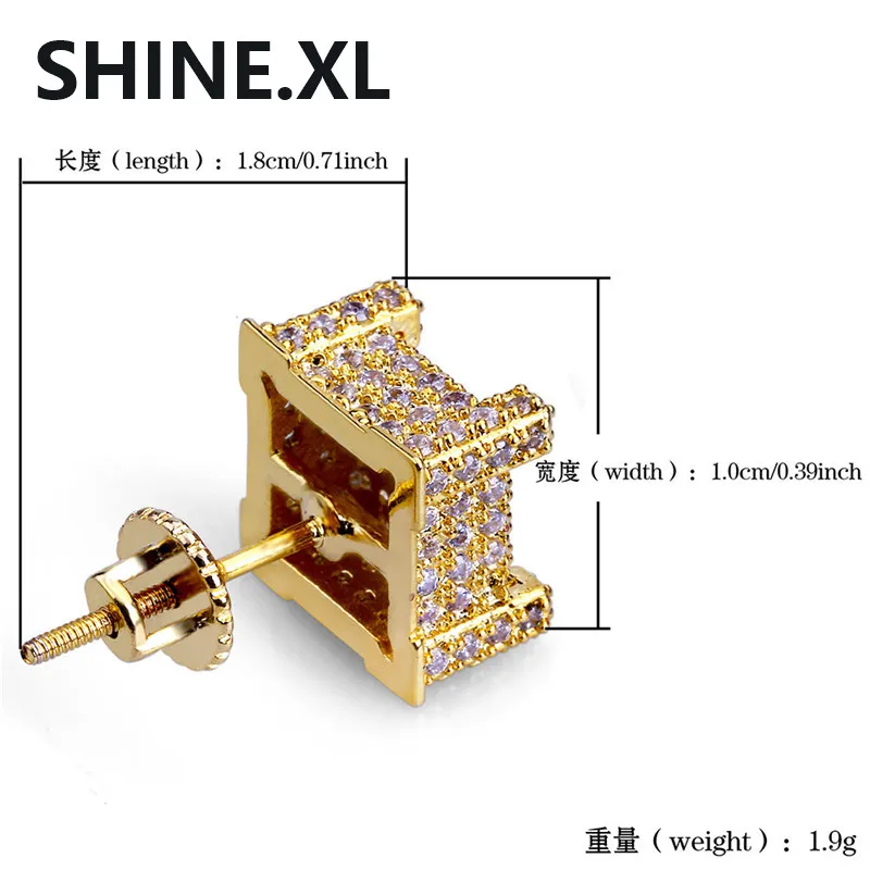 Hip Hop nuevo personalizado Iced Out Gold Color Micro pavimentado Zircon Square Stud pendiente con tornillo Back Bling joyería para mujeres y hombres