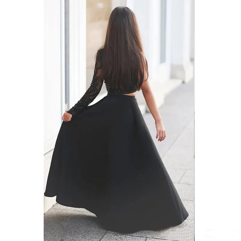 Frete Grátis 2018 Preto de Um Ombro Manga Longa Crianças Vestidos de Baile A Linha de Duas Peças Frisado Flor Meninas Vestidos