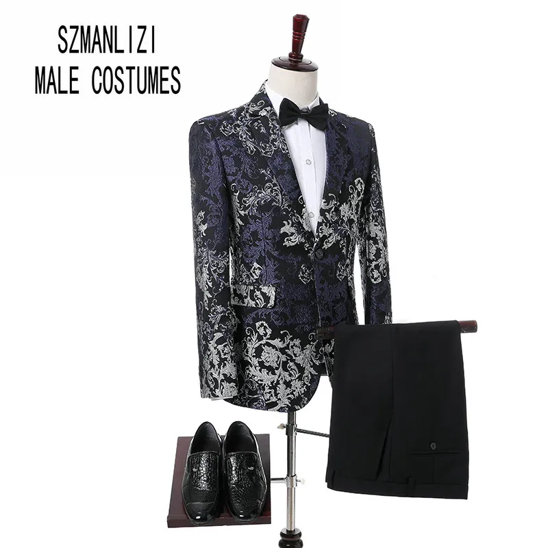 Groom Wear Shawl Lapel Blue Black Flower Floral Suit Colorful Mens Tuxedo Wedding Prom Suits Best Man Coat With Pants