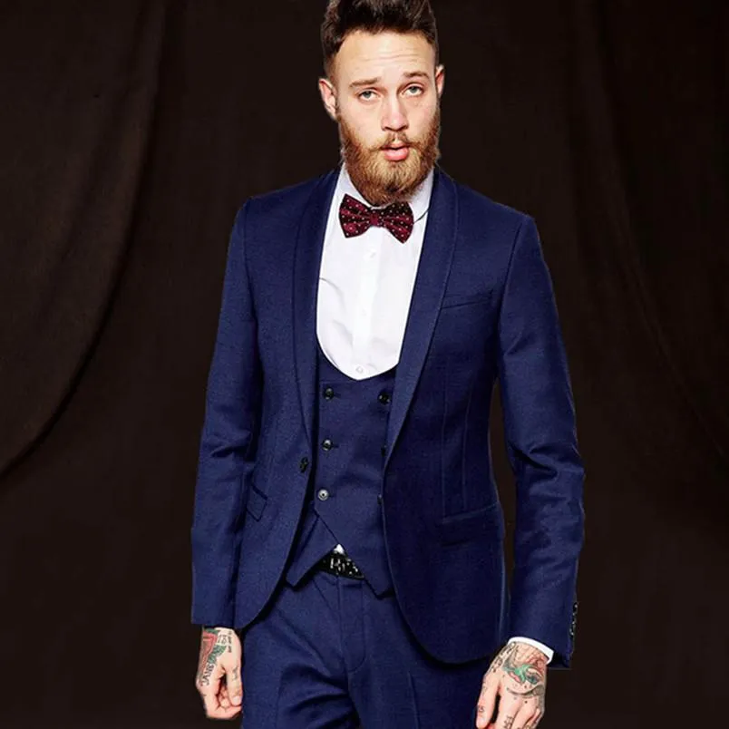 Slim Fit Navy Blue Groom Tuxedos Excellent Men Tuxedos Suisseaux de haute qualité Business Business Prom Part Party Suit (Pantalon + cravate + gilet) 882