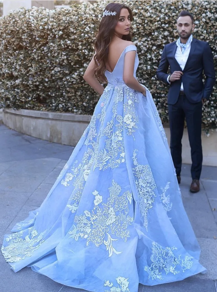 Robe de soirée bleu ciel clair, épaules dénudées, avec des Appliques en dentelle, en Tulle et Organza, dos nu, robe formelle de bal