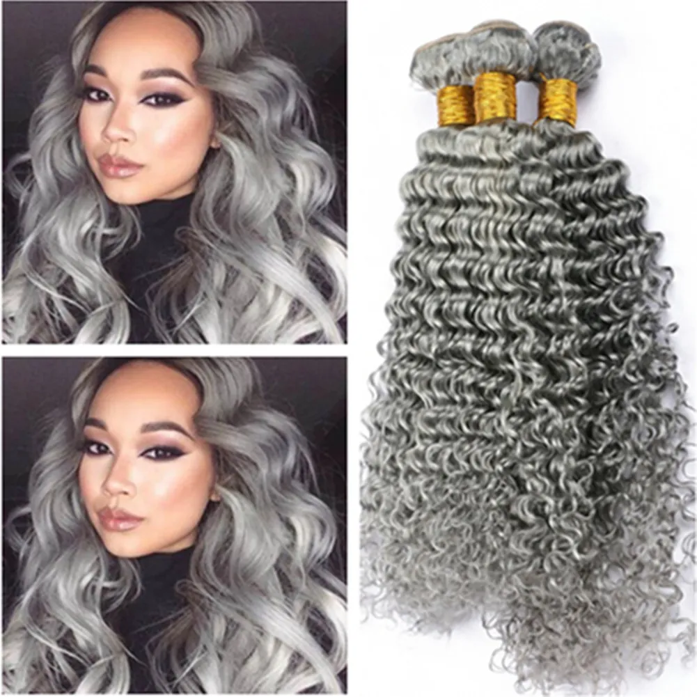 Deep Wave Peruvian Human Hair Silver Grey Weaves 4PCS Deep Wavy Wefts Extensions Gråfärgade Virgin Human Hair Buntles Deals