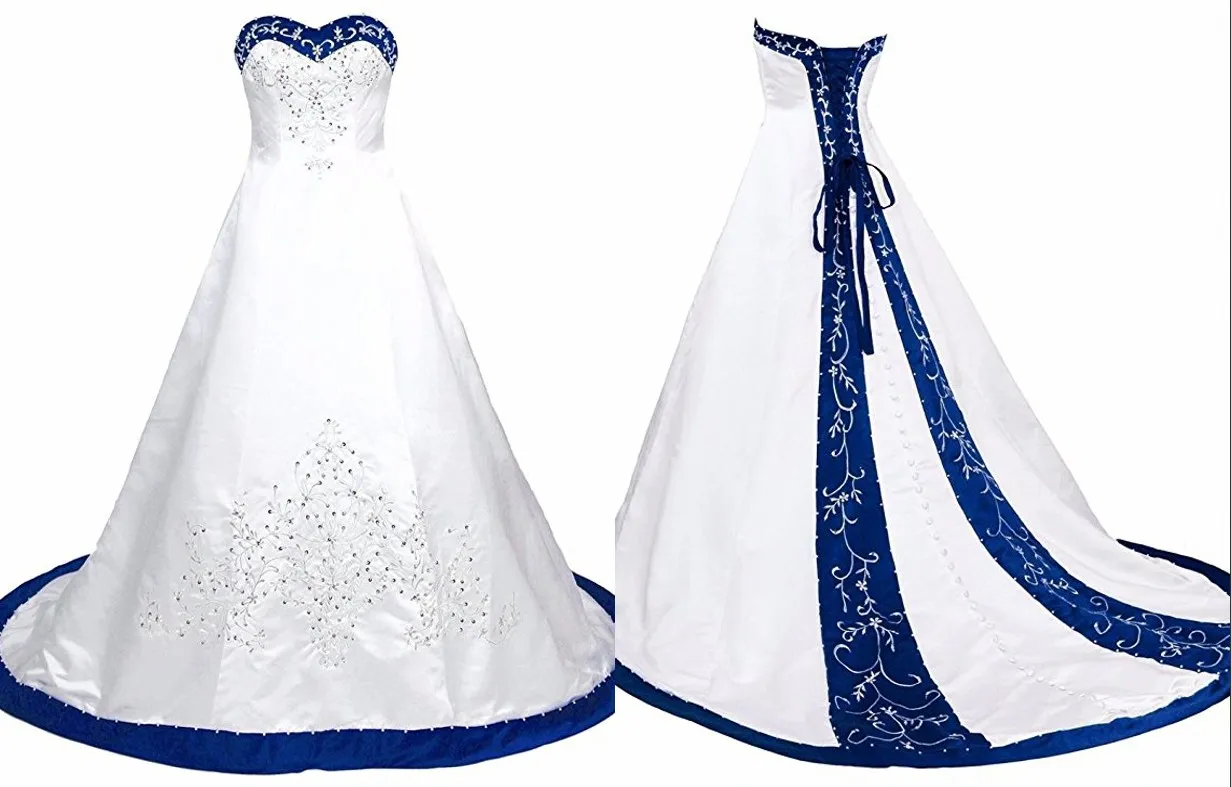 ロイヤルブルーアンドホワイトのウェディングドレス刺繍プリンセスサテンAラインレースアップバックコート列車スパンコールビーズ長い安いウェディングドレス