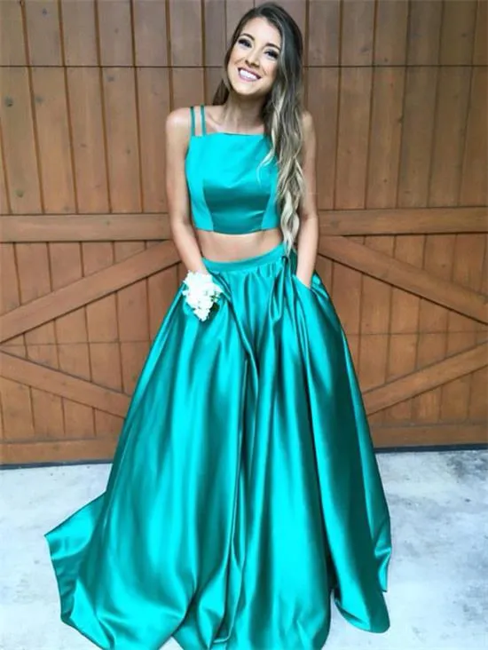 2023 Elegant Two Piece Straps Green Long Prom Dress Ball Gown Satin A-line Long Graduation Arabic Formal Evening Party Gowns With Pockets