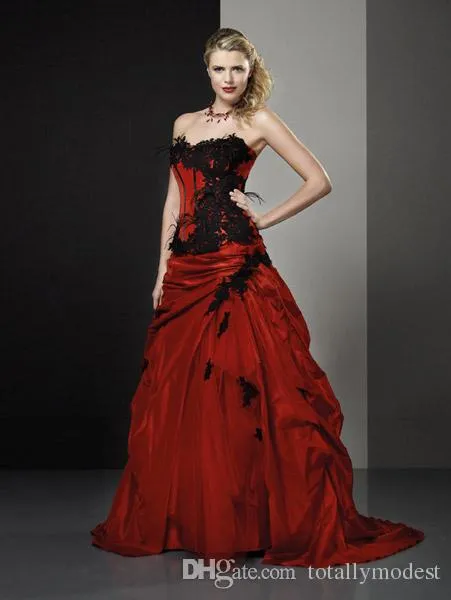 Zwart en Rood Vintage Gothic Baljurk Trouwjurken Strapless Kant Applicaties Taffeta Kleurrijke Bruidsjurken Country Western Stijl