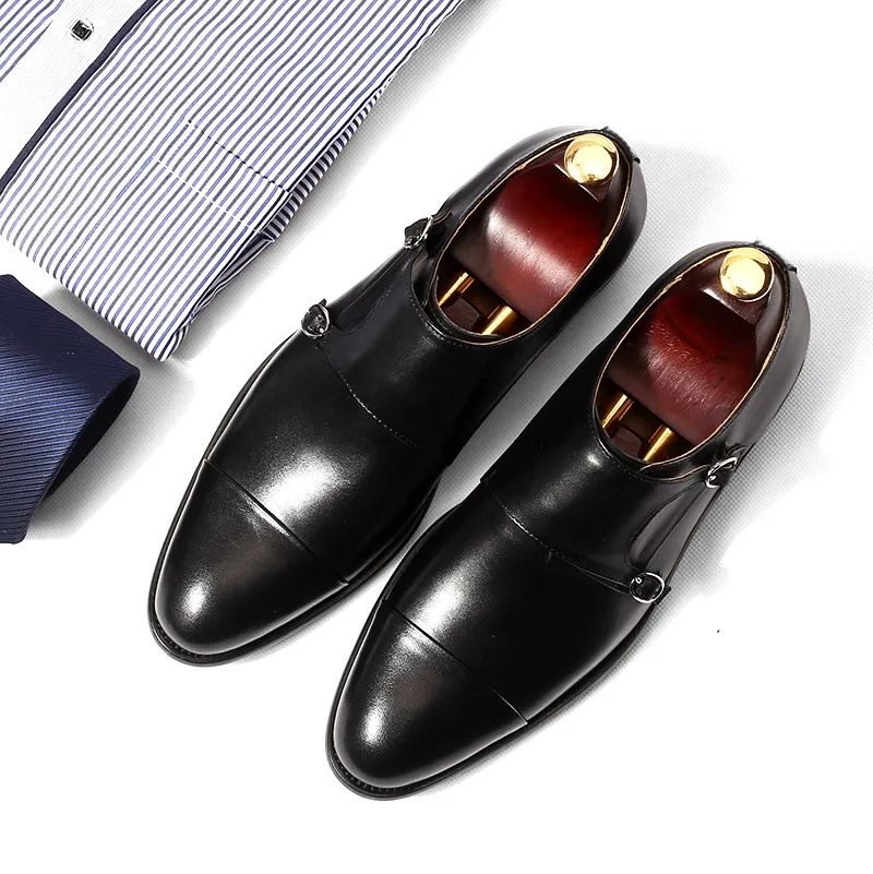 Chegada nova monk sapatos de negócios dos homens Italianos de alta qualidade real sapatos de couro preto apontou dois sapatos de couro fivela homens size44