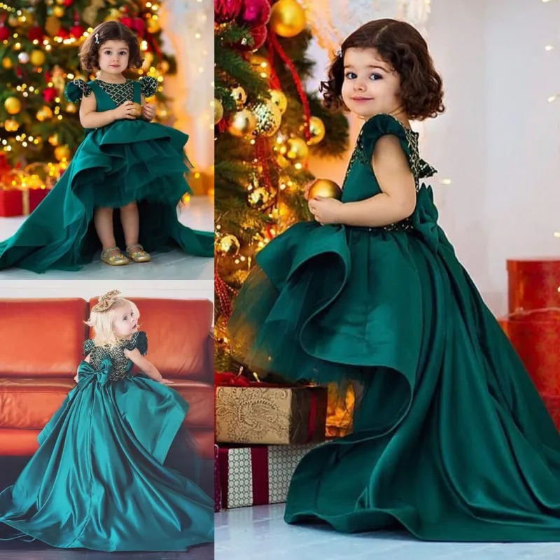 Dark Hunter Green High Low Flower Girl Sukienki na ślub Satin i Organza Girls Pageant Suknie Big Bow Sweep Pociąg Kwiat Girl Dress