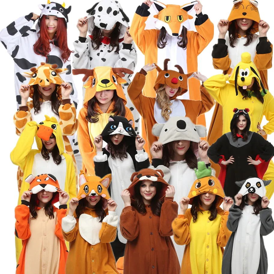 Adulto Animal Dos Desenhos Animados Traje Kigurumi Bat Tiger Cat Urso Vaca Cão Sika Deer Fox Girafa Koala Pluto Lêmure Cenoura roupas de Pato para o Dia Das Bruxas