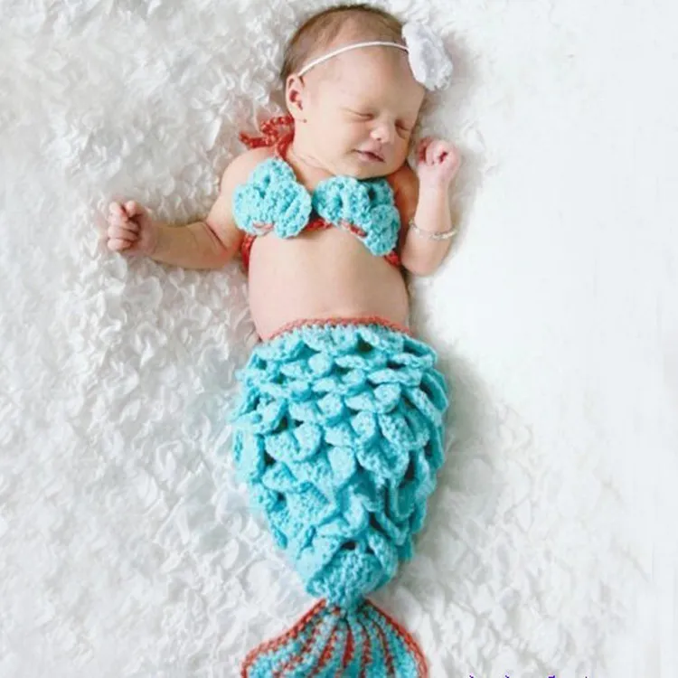 Meninas recém-nascidas Crochet Blue Sereia Cauda Fato Fotografia Pôsteres Adolescentes Menina Infantil Mermaid Cocoon Photo Adereços