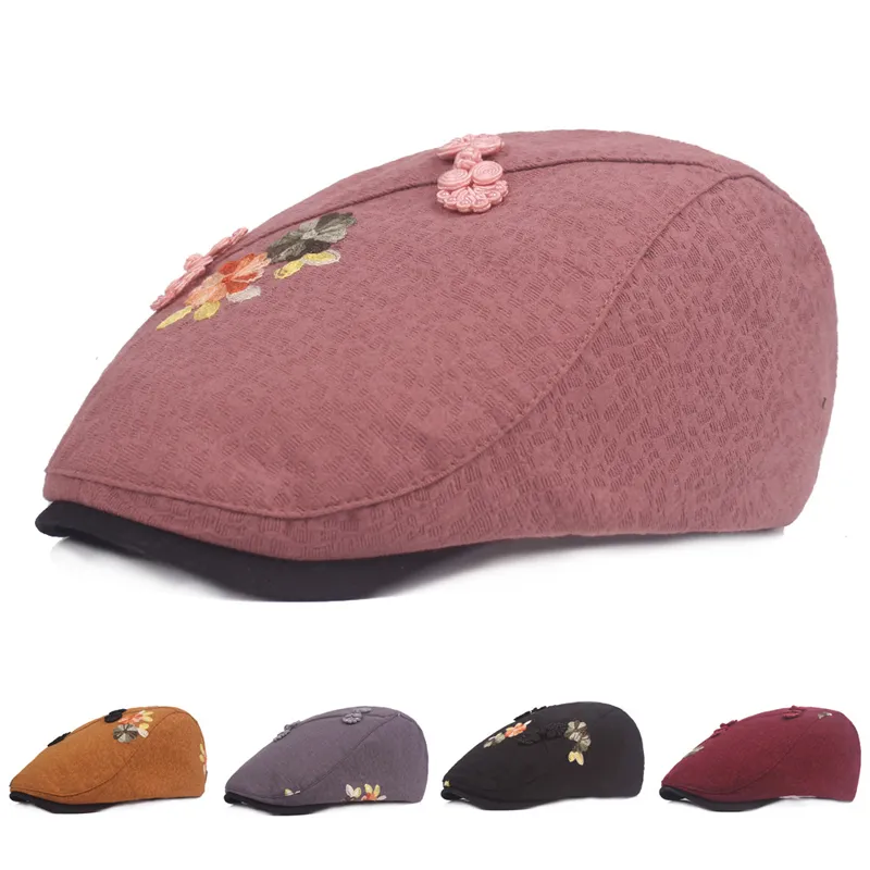 Berretto da strillone da donna in cotone e lino classico Berretto con visiera Cappello snapback regolabile autunnale da guida Berretto con visiera piatto Cabbie Decorazione floreale